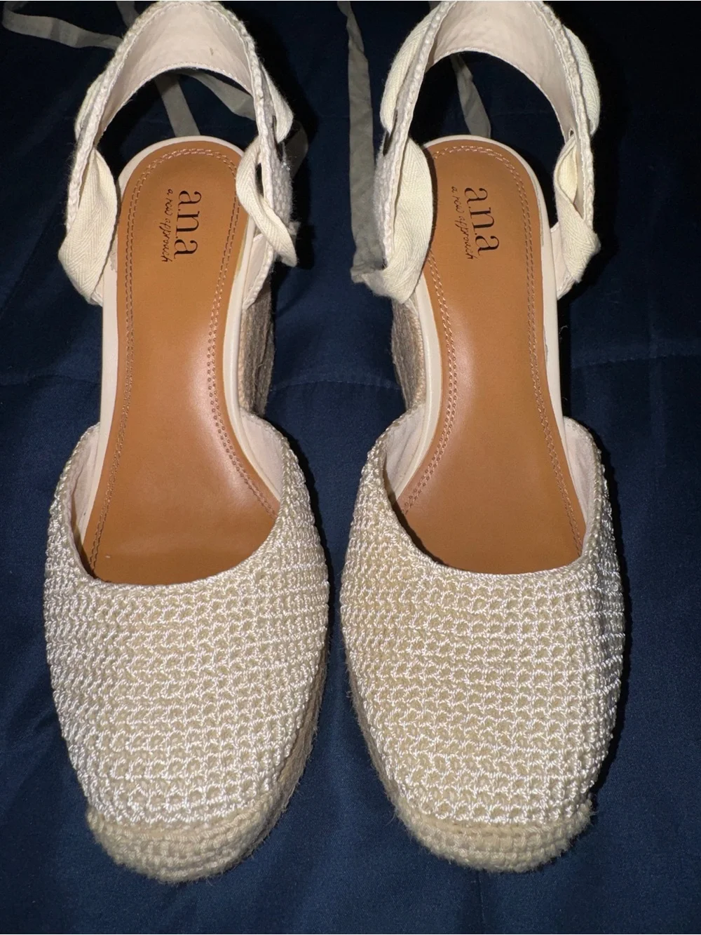 Cream Woven Espadrille Wedges with Wrap-around Ties